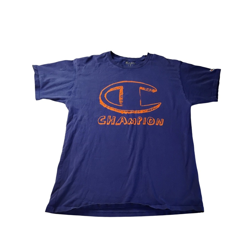 VTG Champion T-Shirt Men's L/XL Navy Blue Orange Large C Logo Athletic Tee Y2K - Picture 1 of 5